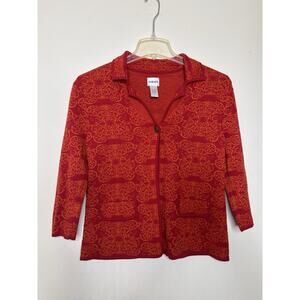 Chico’s Pink Orange Geometric 3/4 Sleeve Knit Single Button Cardigan Size 0 US 6